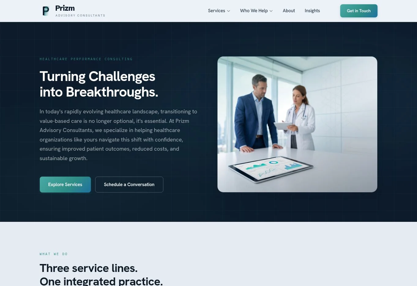 Diseño completo de inicio de Prizm Advisory Consultants